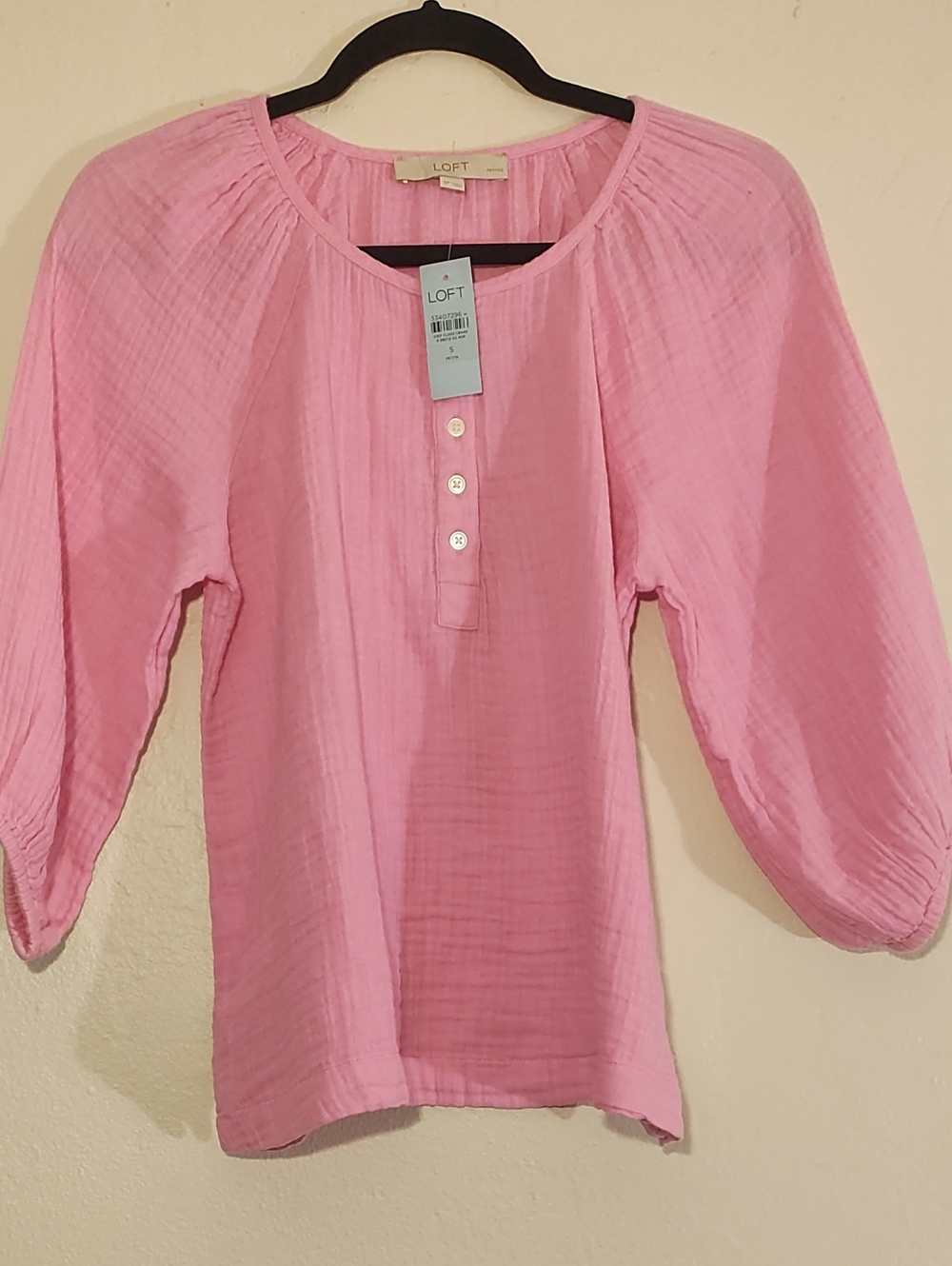 LOFT Pink Gauze Henley Blouse with Button Placket